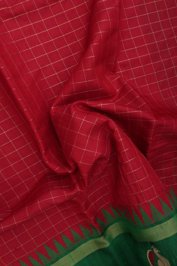 Jute Saree In Ruby Red With Checks Design