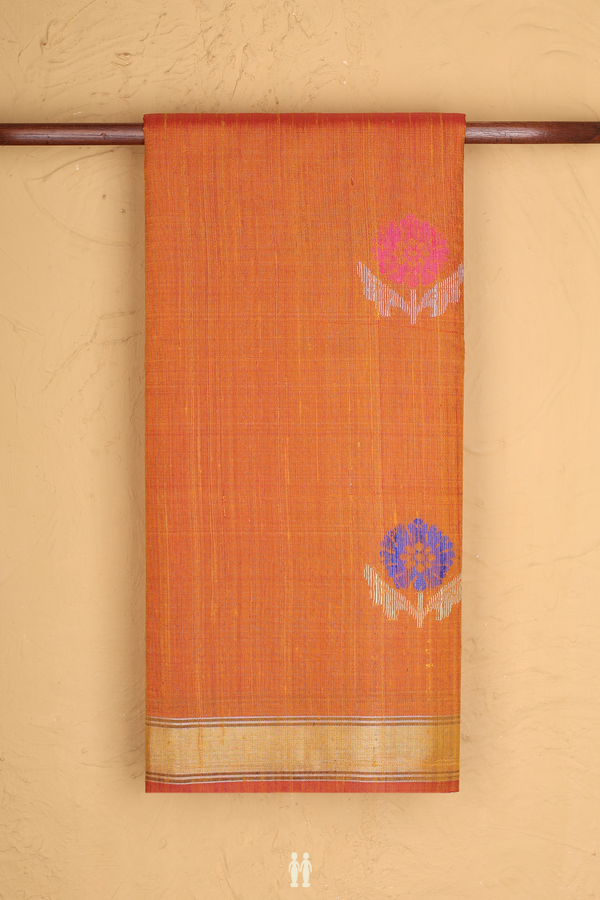 Jute Saree In Ochre Orange With Floral Motifs