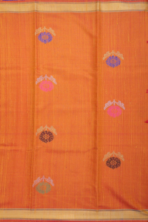 Jute Saree In Ochre Orange With Floral Motifs