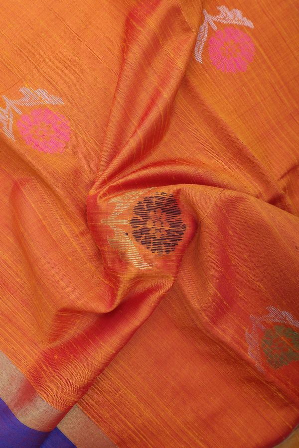 Jute Saree In Ochre Orange With Floral Motifs