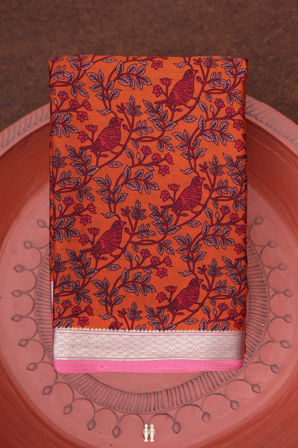 Crepe Saree In Orange With Bird Design