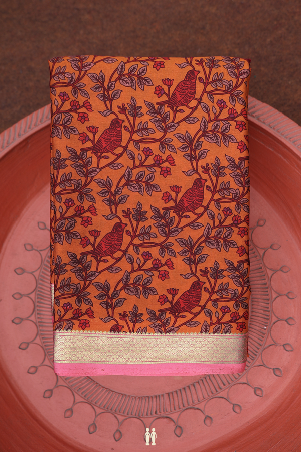 Crepe Saree In Orange With Bird Design
