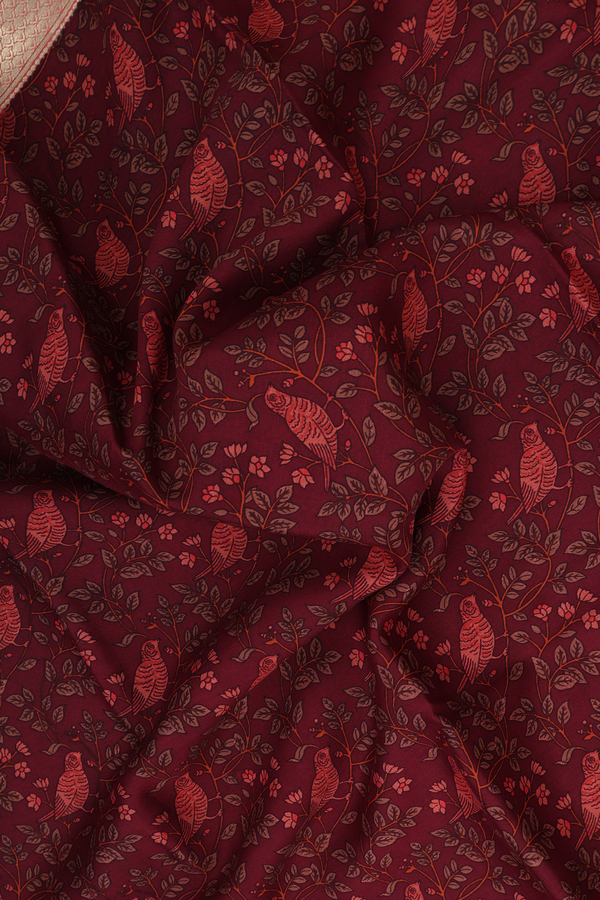 Crepe Saree In Maroon With Floral And Parrot Printed Design