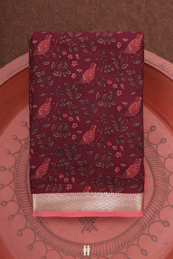 Crepe Saree In Maroon With Floral And Parrot Printed Design