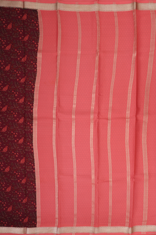 Crepe Saree In Maroon With Floral And Parrot Printed Design