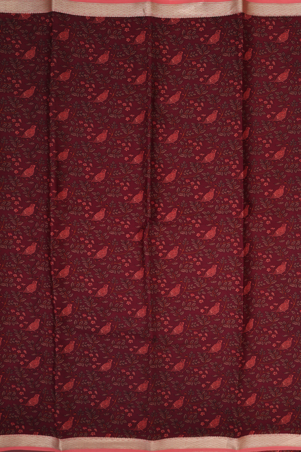 Crepe Saree In Maroon With Floral And Parrot Printed Design