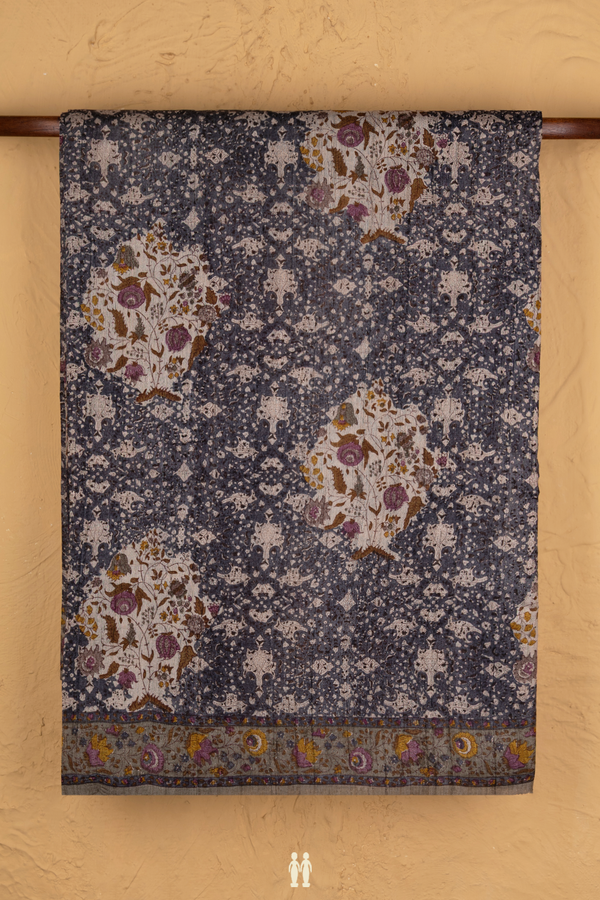 Tussar Silk Saree In Dark Grey With Printed Design