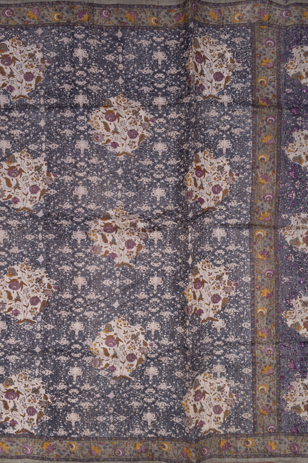 Tussar Silk Saree In Dark Grey With Printed Design