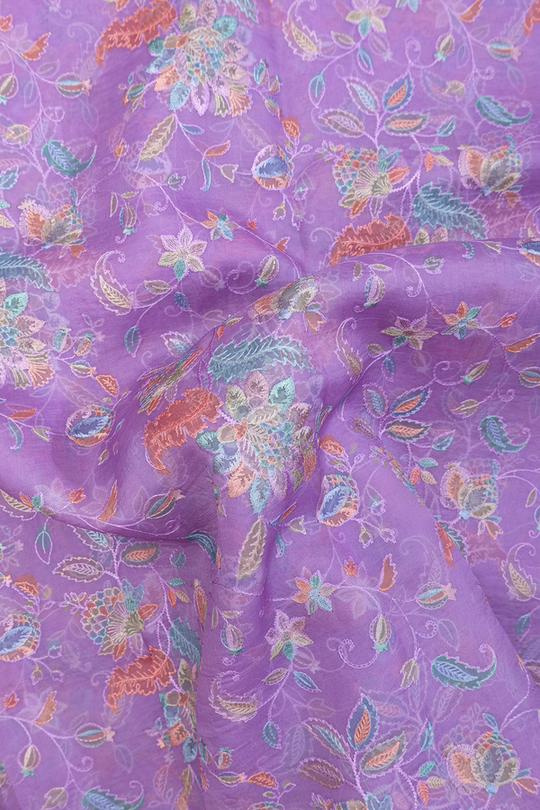 Organza Silk Saree In Lavender With Floral Embroidered Design