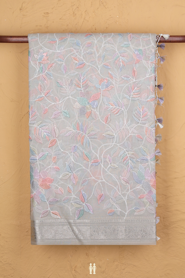 Organza Silk Saree In Light Grey With Floral Embroidered Design