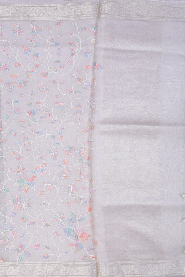 Organza Silk Saree In Light Grey With Floral Embroidered Design