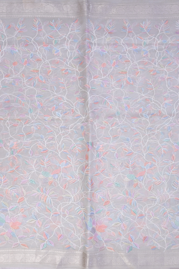 Organza Silk Saree In Light Grey With Floral Embroidered Design