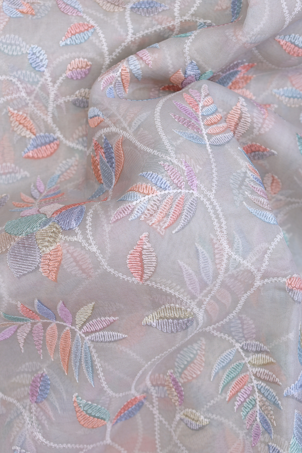 Organza Silk Saree In Light Grey With Floral Embroidered Design