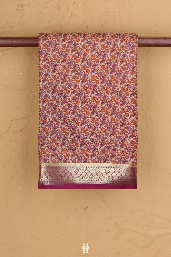 Printed Silk Saree In Pastel Pink With Floral Design