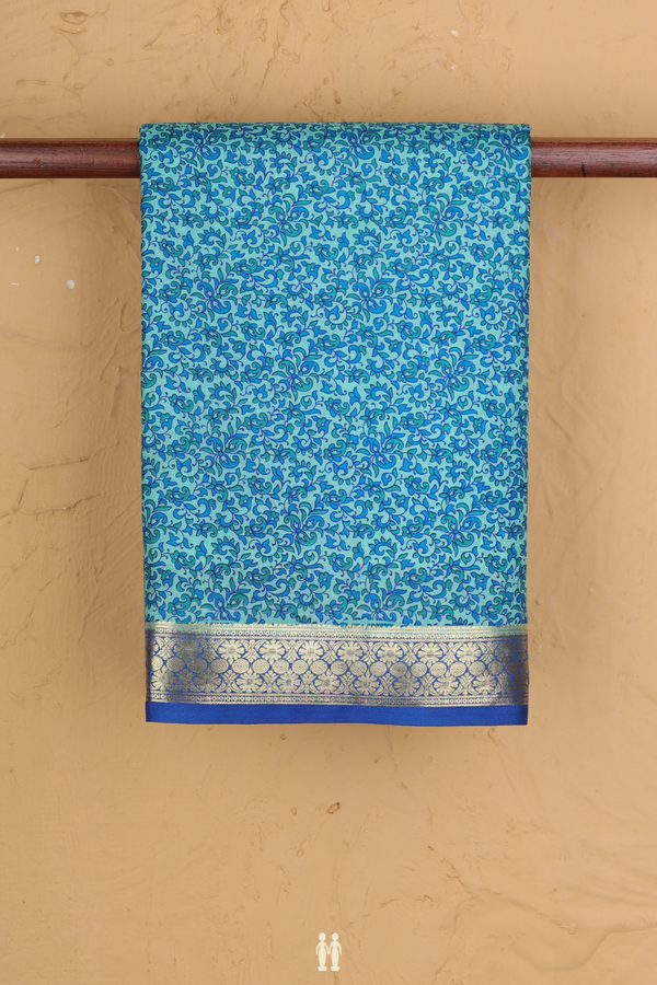Printed Silk Saree In Mint Blue With Floral Design
