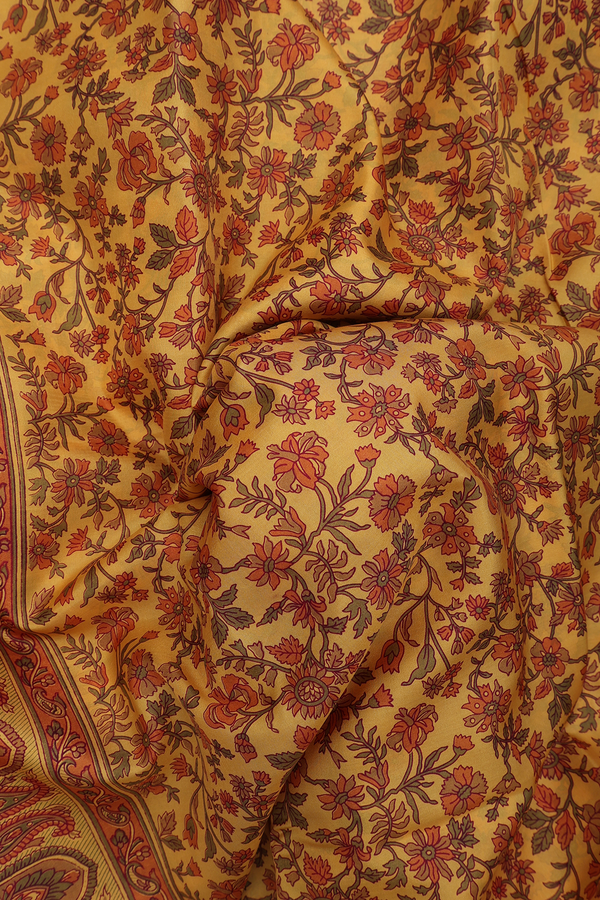 Printed Silk Saree In Honey Yellow With Floral Design