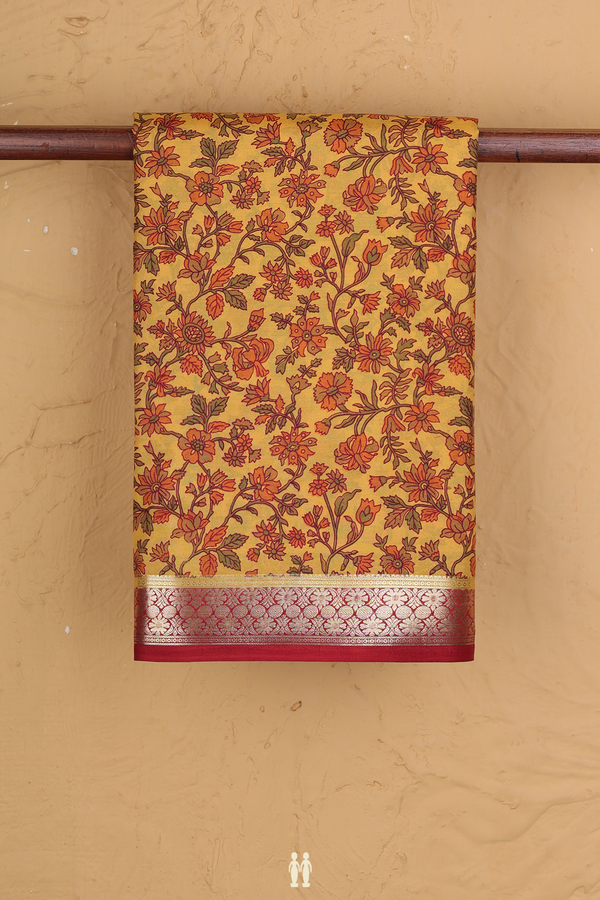 Printed Silk Saree In Honey Yellow With Floral Design