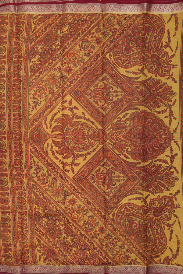 Printed Silk Saree In Honey Yellow With Floral Design