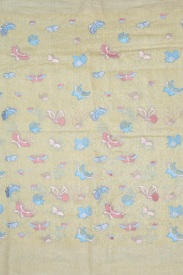 Linen Saree In Moss Green With Butterfly Design