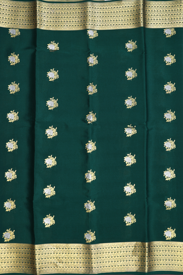 Mysore Silk Saree In Forest Green With Floral Buttas