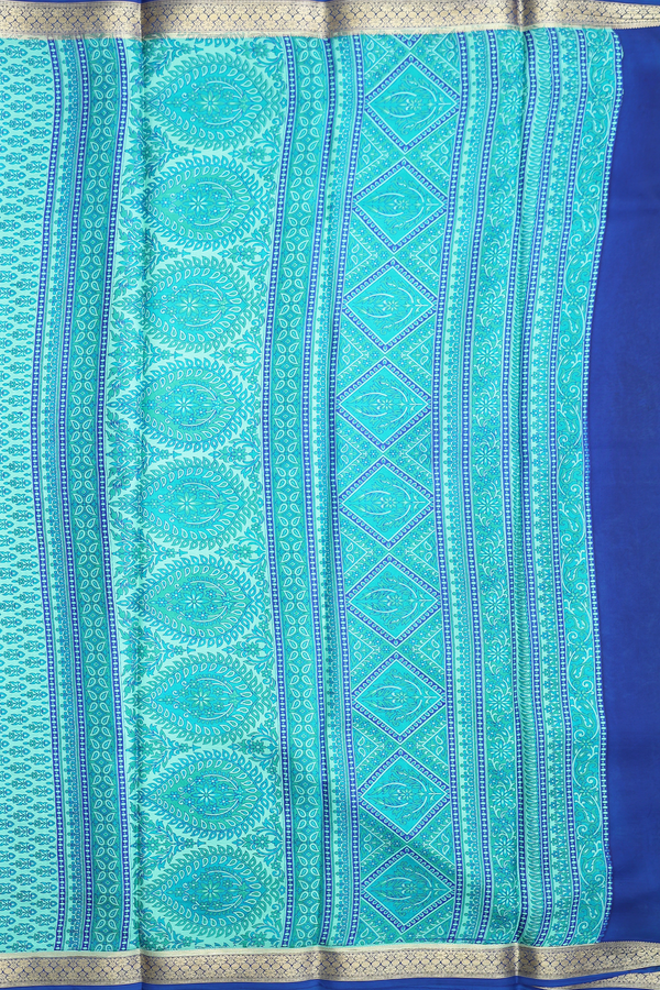 Printed Silk Saree In Mint Green With Floral Design