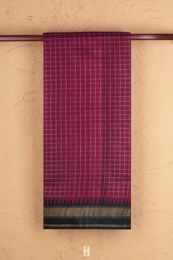 Jute Saree In Berry Purple With Checks Design