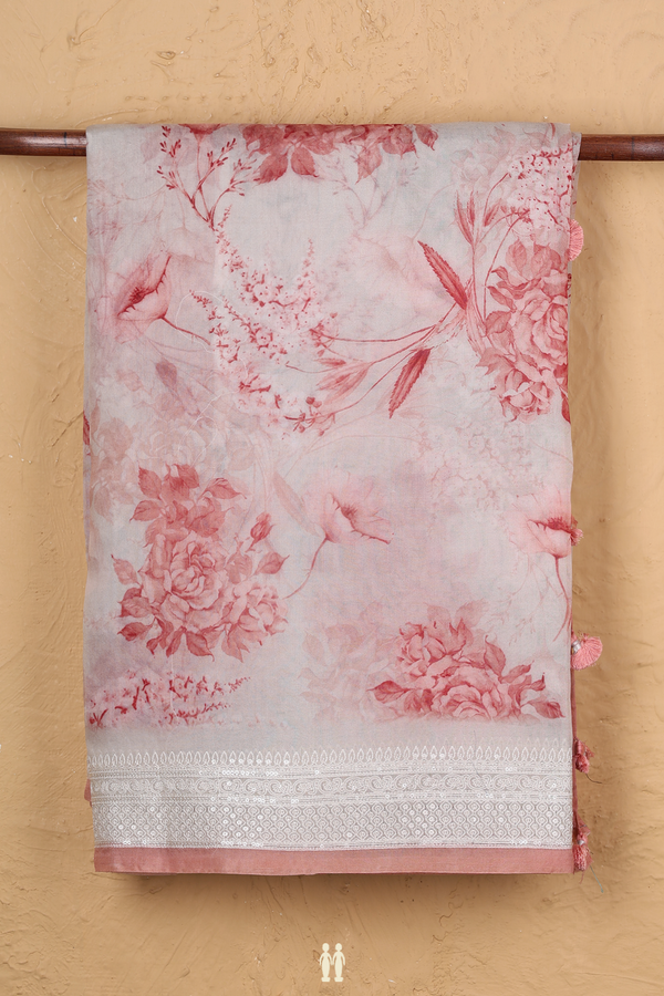 Organza Silk Saree In White With Floral Design