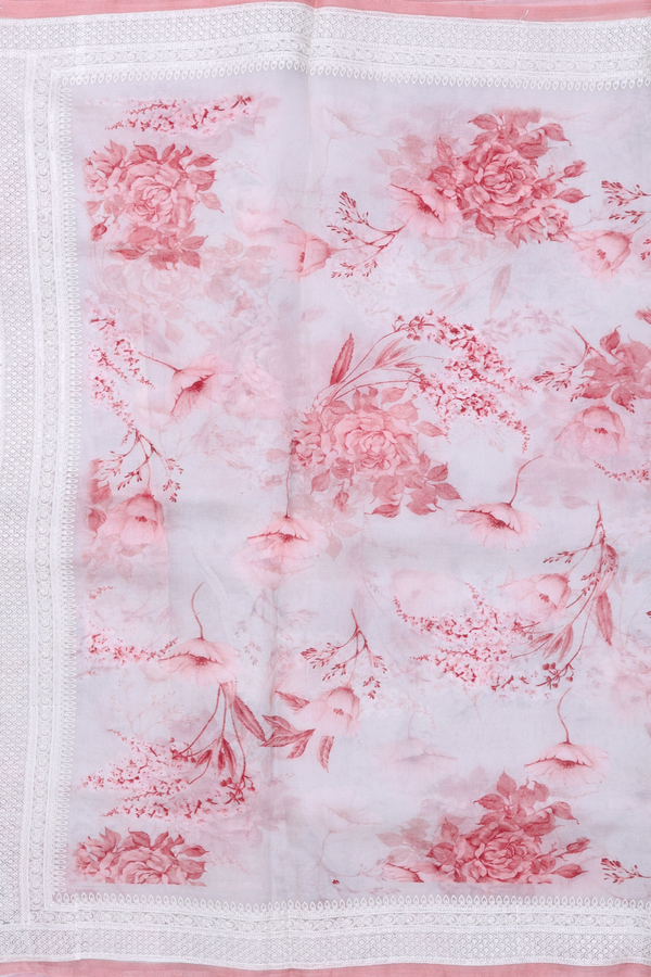 Organza Silk Saree In White With Floral Design