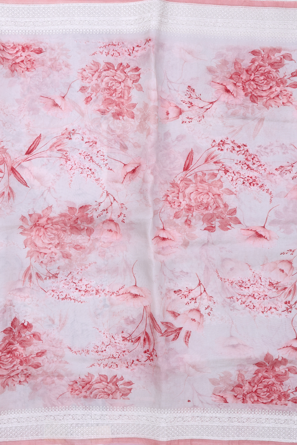 Organza Silk Saree In White With Floral Design