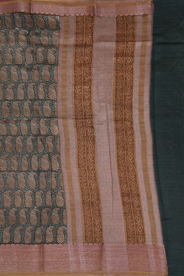 Chanderi Cotton Saree In Forest Green With Paisley Design
