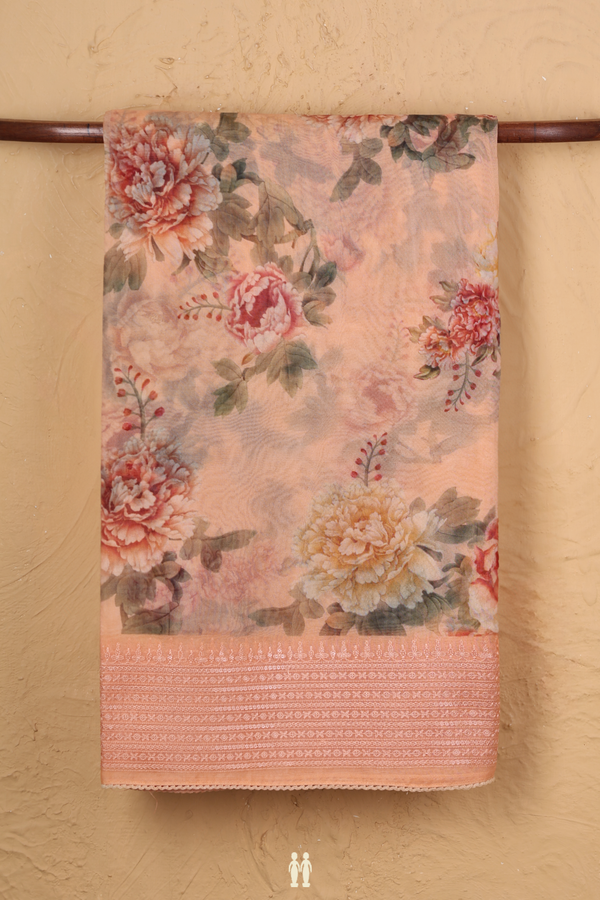 Organza Silk Saree In Peach With Floral Design