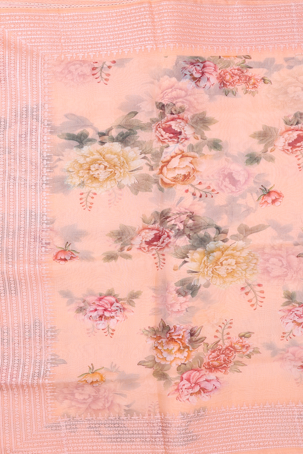 Organza Silk Saree In Peach With Floral Design