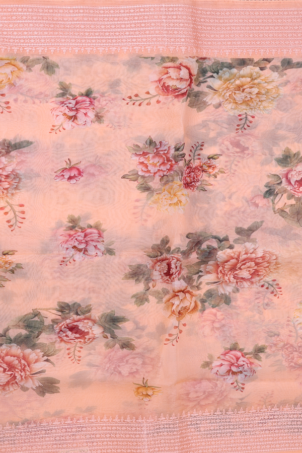 Organza Silk Saree In Peach With Floral Design