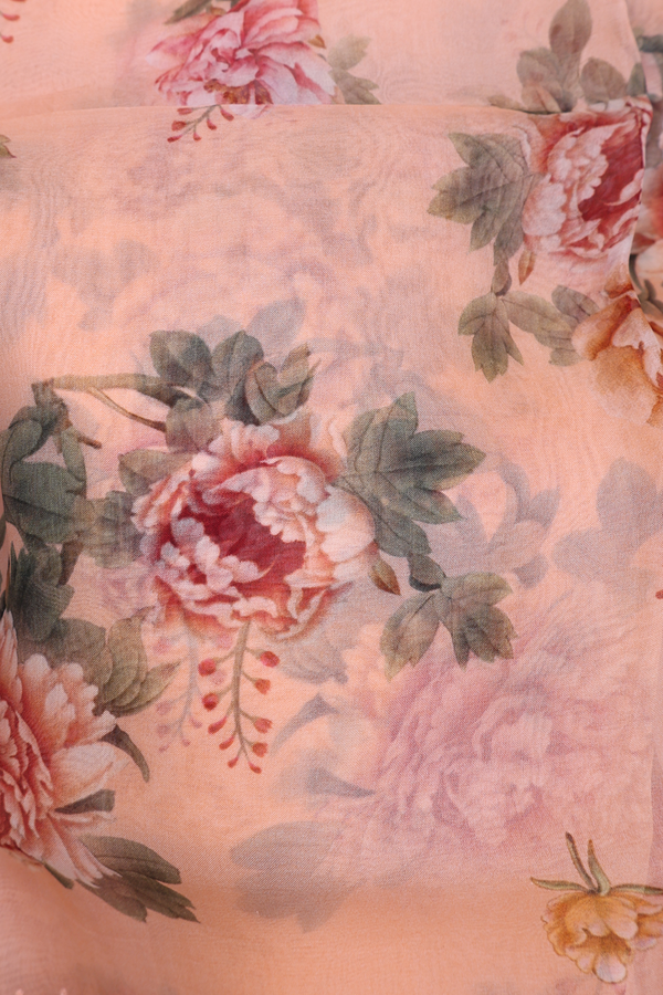 Organza Silk Saree In Peach With Floral Design