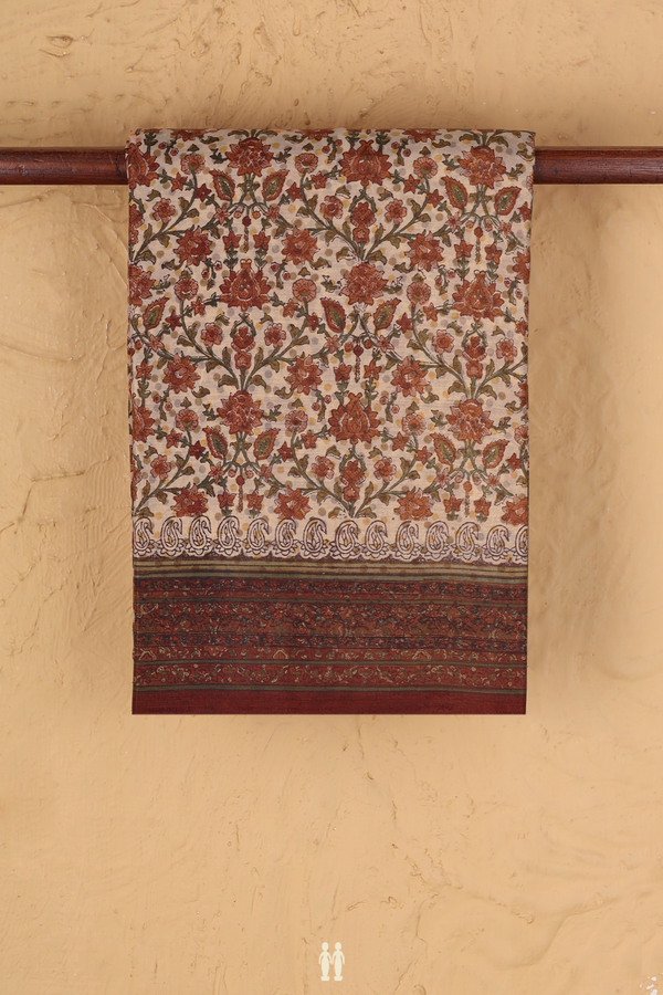 Printed Silk Saree In Rose Gold With Floral Design