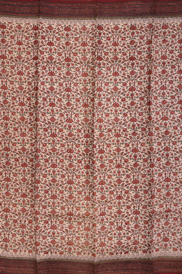 Printed Silk Saree In Rose Gold With Floral Design