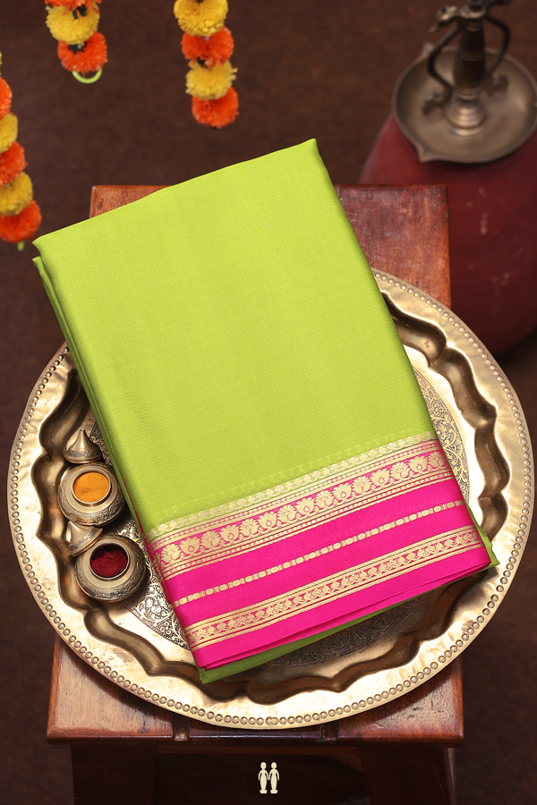 Mysore Silk Saree In Lime Green With Contrast Border