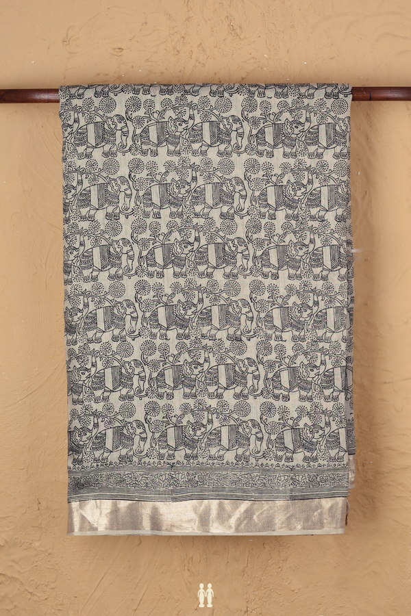 Tussar Silk Saree In Beige With Elephant Printed Design