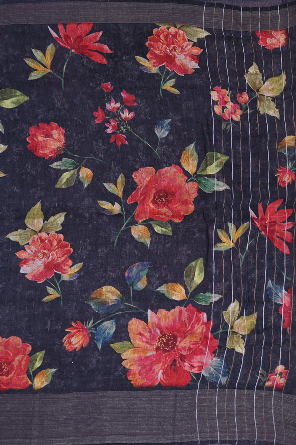 Linen Saree In Charcoal Grey With Floral Design
