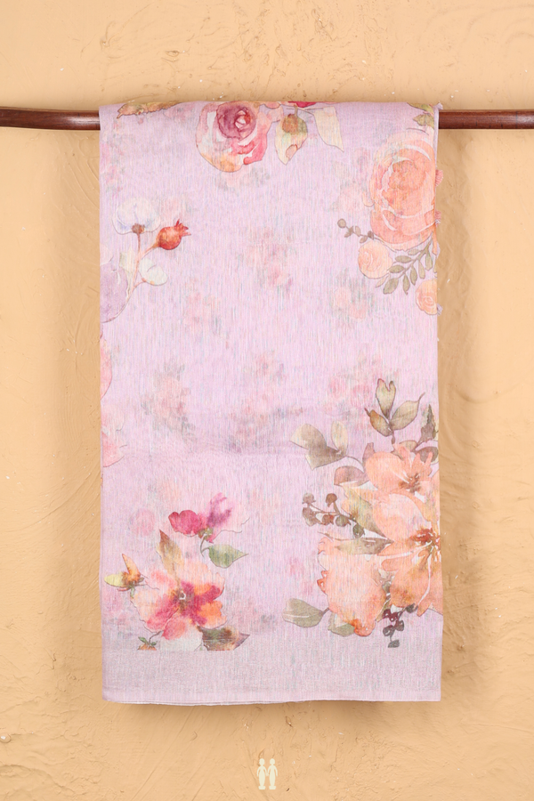 Linen Saree In Lilac Pink With Floral Design