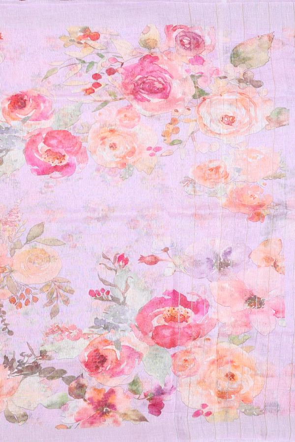 Linen Saree In Lilac Pink With Floral Design