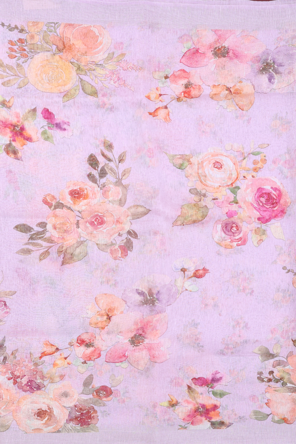 Linen Saree In Lilac Pink With Floral Design