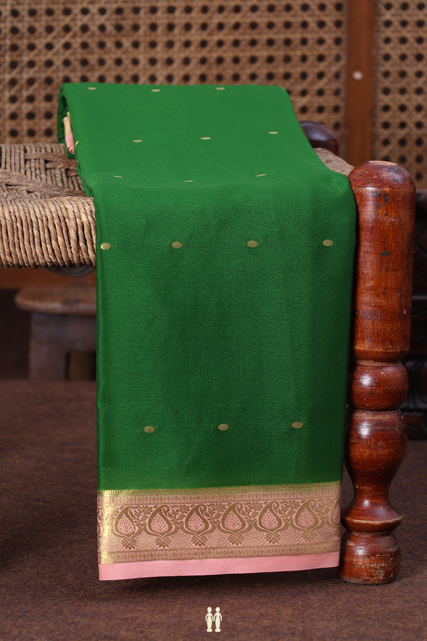 Mysore Silk Saree In Leaf Green With Zari Buttis