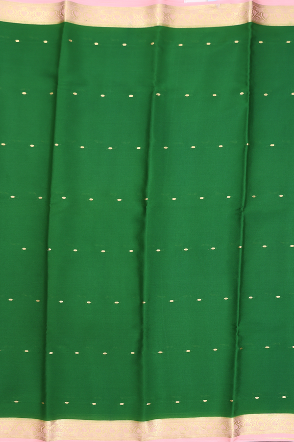 Mysore Silk Saree In Leaf Green With Zari Buttis