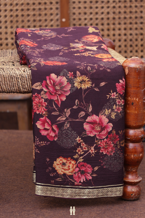 Chiffon Saree In Plum Purple With Floral Design