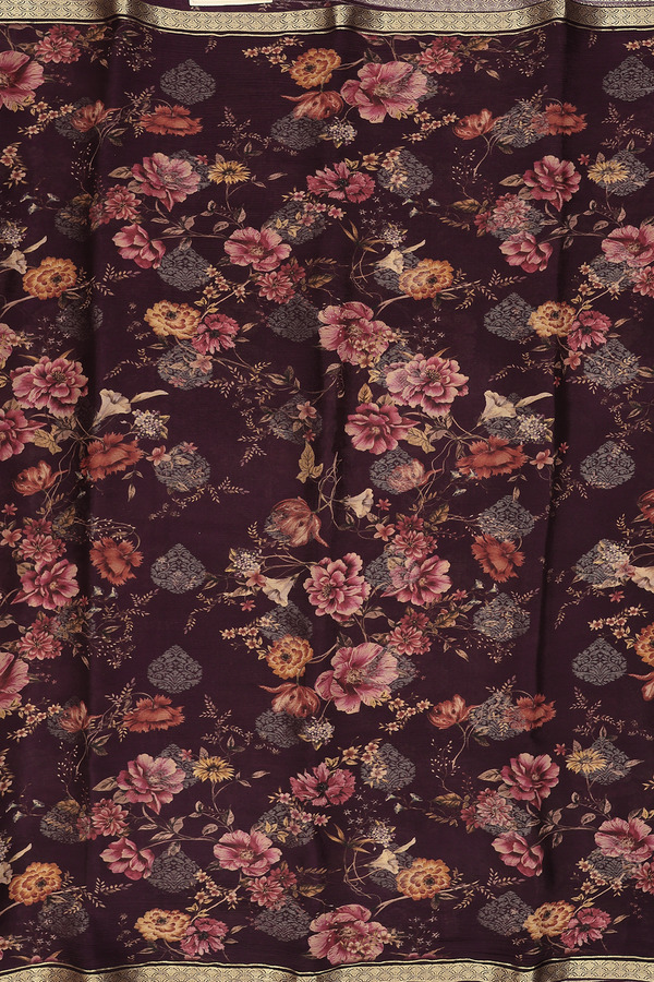 Chiffon Saree In Plum Purple With Floral Design