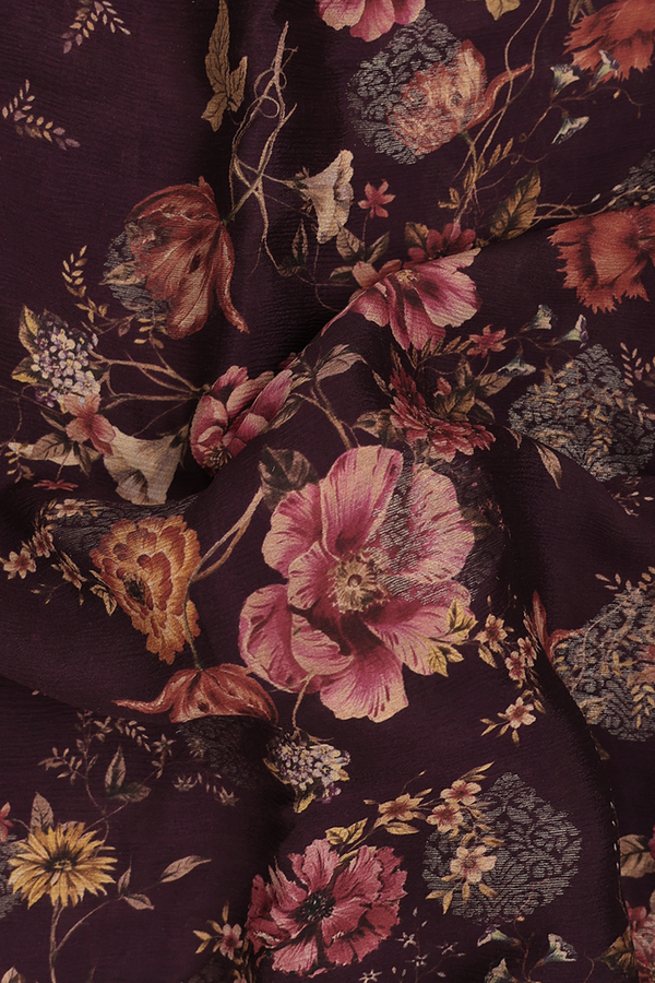Chiffon Saree In Plum Purple With Floral Design