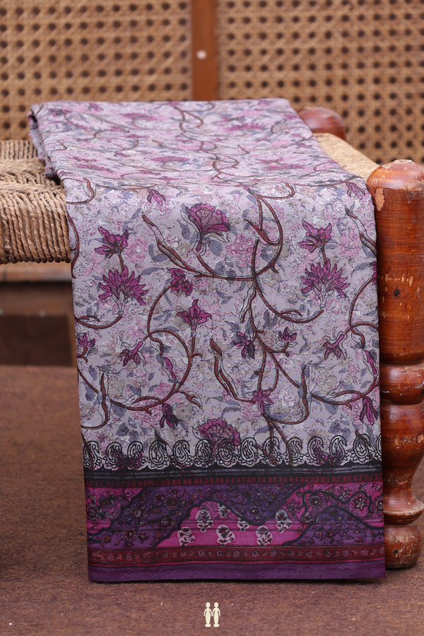 Printed Silk Saree In Dusty Purple With Floral Design