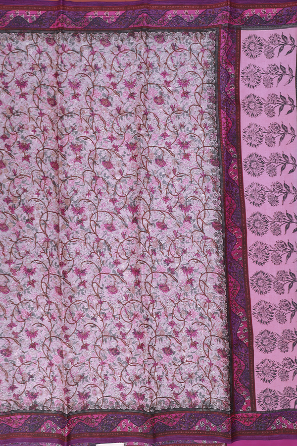 Printed Silk Saree In Dusty Purple With Floral Design