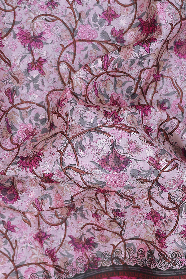 Printed Silk Saree In Dusty Purple With Floral Design